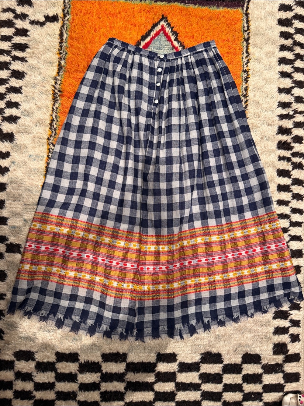 Navy Gingham Midi Skirt with Colorful Hem Embroidery